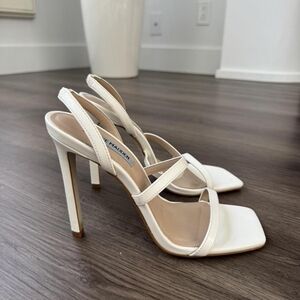 Steve Madden White and Cream Square Toe Strappy Slingback Heels